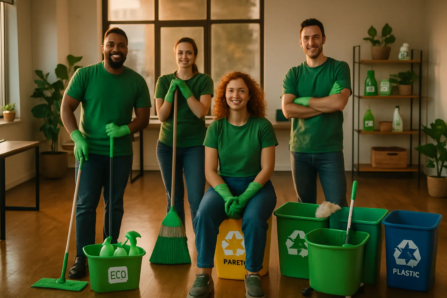 Fünf Menschen in grüner Kleidung sitzen und stehen im Raum, sind beim Saubermachen, mit Eimern, Besen und Handschuhen für Recycling.